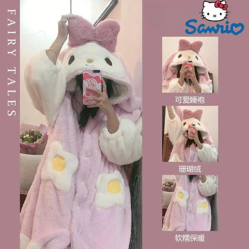 

Новинка милая пижама Hello Kitty Sanrio с милым бантом пушистая осенне-зимняя Длинная женская пижама аниме плюшевая парная Домашняя одежда подарок
