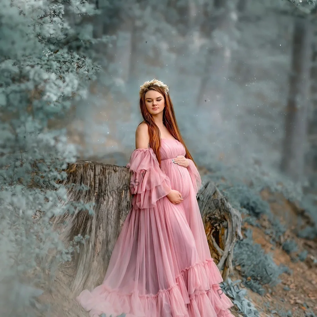 Vestido de Fotoia de Maternidade Sexy em Tule para São de Fotos, Vestido de Noite com Cauda Longa, Feito Sob Medida