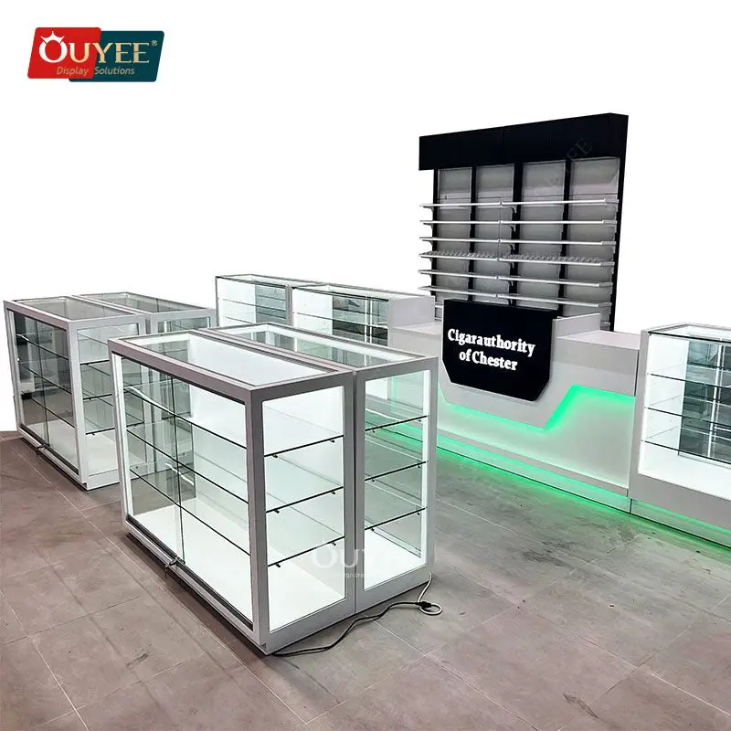 Customized-Store Retail Display Shelf Wooden Frame Glass Shelves Smoke Store Short Glass Showcase Smoke Shop Showcase Wi