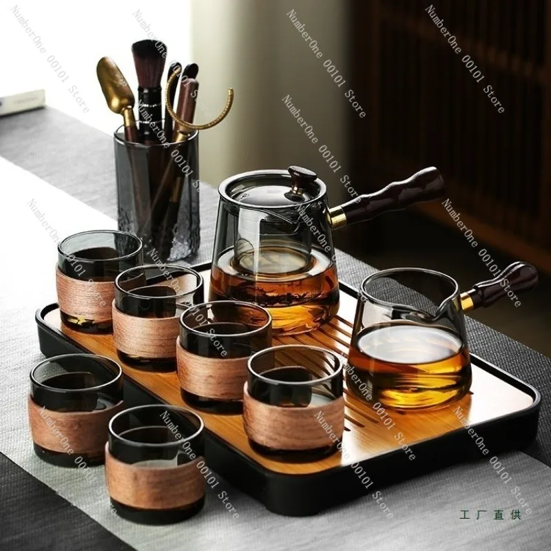 Elegant Glass Tea Set with Tea Tray Home Office Living Room Kung Fu Teacups Luxury Light Luxury Teapot Brewing Kettle Heat
