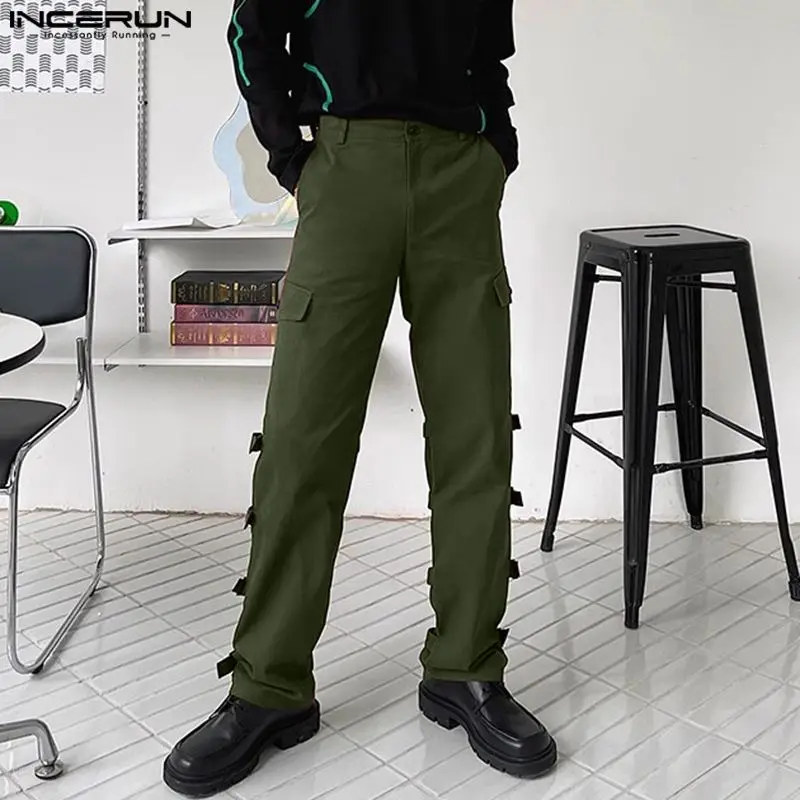 

INCERUN Men's Pants Solid Color Button Streetwear Joggers Personality Casual Trousers 2024 Pockets Fashion Straight Pants S-5XL