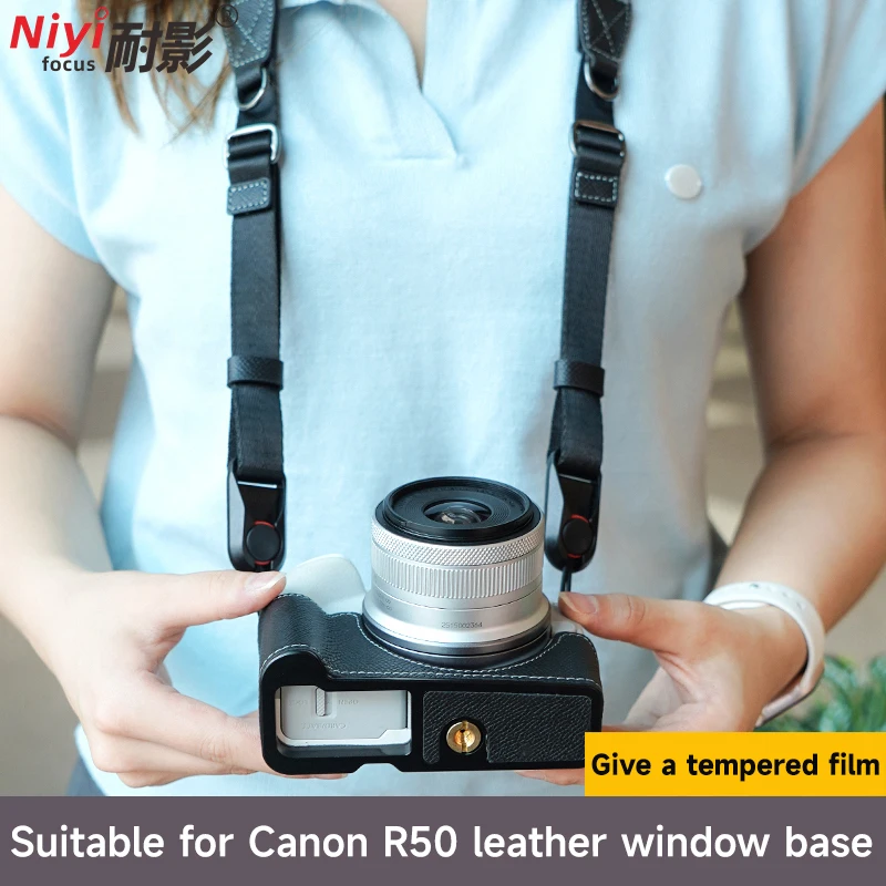 Kameratasche aus echtem Leder für Canon EOS R50 Kamera, Halbkörperabdeckung, untere Batterieöffnung, Canon R50-Zubehör