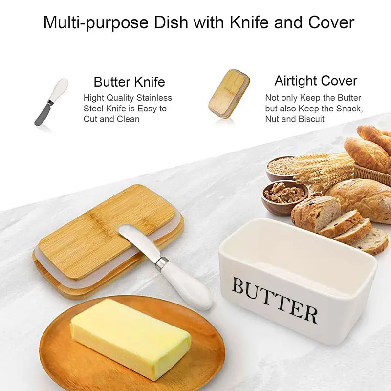 600ml Butter Dish with Lid Ceramics Butter Keeper Container with Knife Butter Crock with Lid for Counter Cheese Storage Boxes