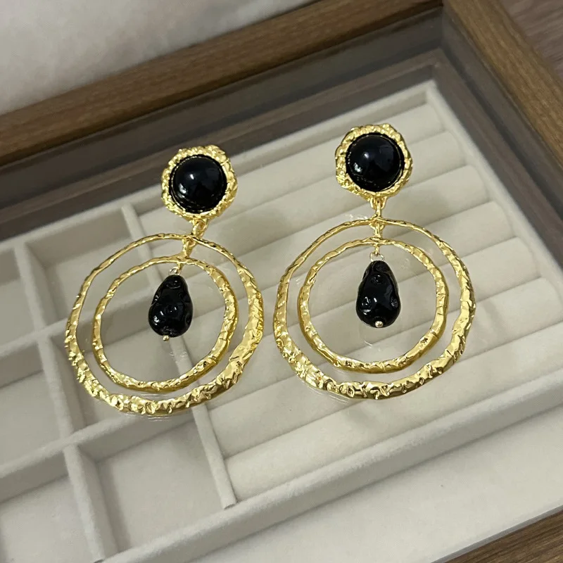 Modenschau Legierung Goldene Schwarze Stein Baumeln Ohrringe für Frauen Schmuck Barock Stil Party Kleid Aussage Ohrringe Zubehör – Detail 7