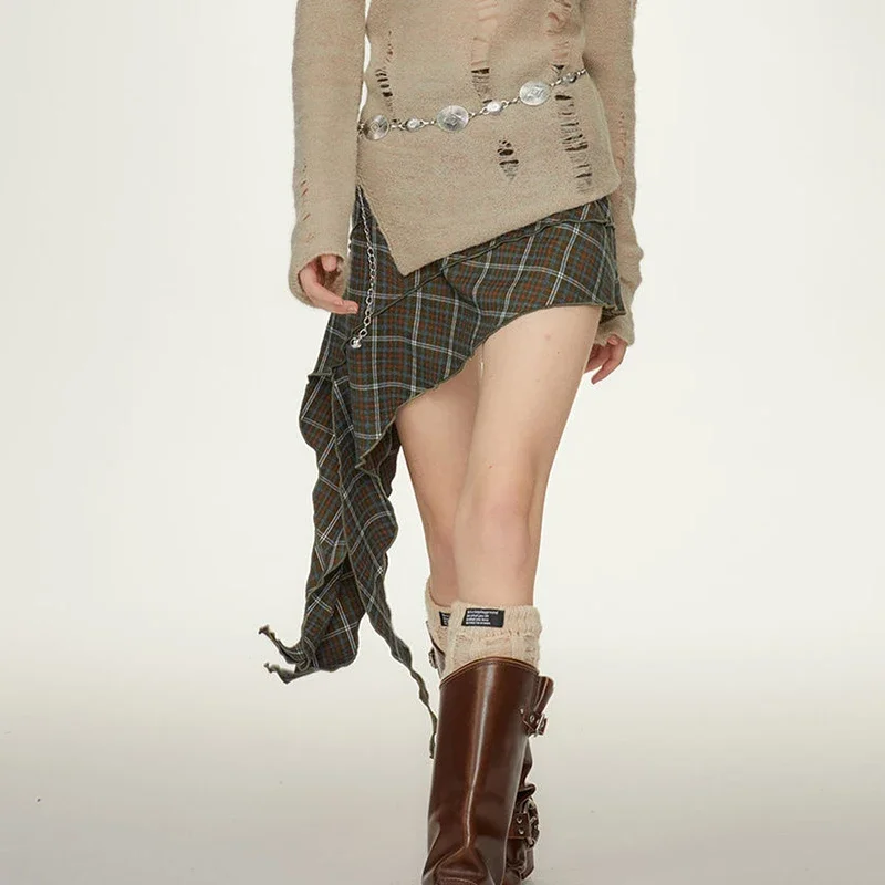 Retro brown green plaid skirt 2024 spring/summer new skirt edge design short skirt half  LOOSE FIT  skirts