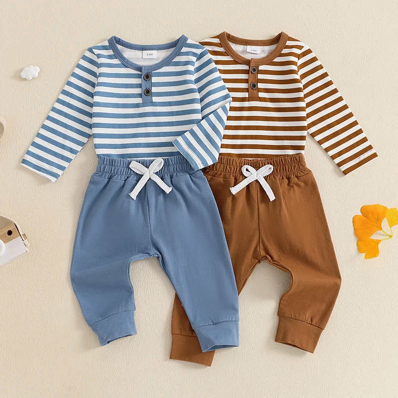 

0-18 Months Baby Boy Girl Fall Outfits Striped Long Sleeve Romper Elastic Waist Pants with Bow 2 Piece Set