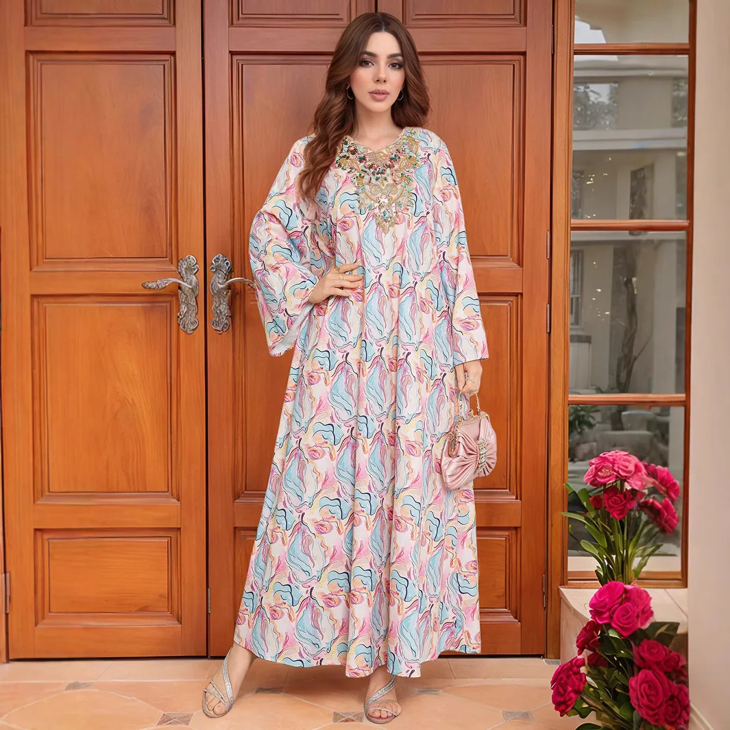 

Women Luxury Gemstone Decoration Muslim Sequined Embroidery V Neck Flared Sleeve Loose Dress Middle East Robe Dress