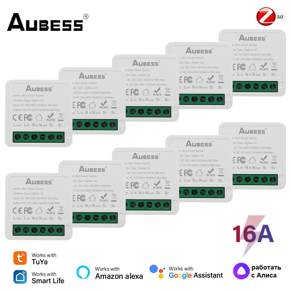 AUBESS 16A Tuya Zigbee Mini DIY Smart Switch Module 2 Way Control Voice Control Via Alexa Google Home Yandex Alice Smart Life