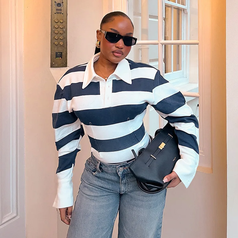 Women Color Patchwork Striped Pleated Slim Fit T-shirts Fashion Polo-neck Full Sleeve Casual Tees Streetwear All Match Tops