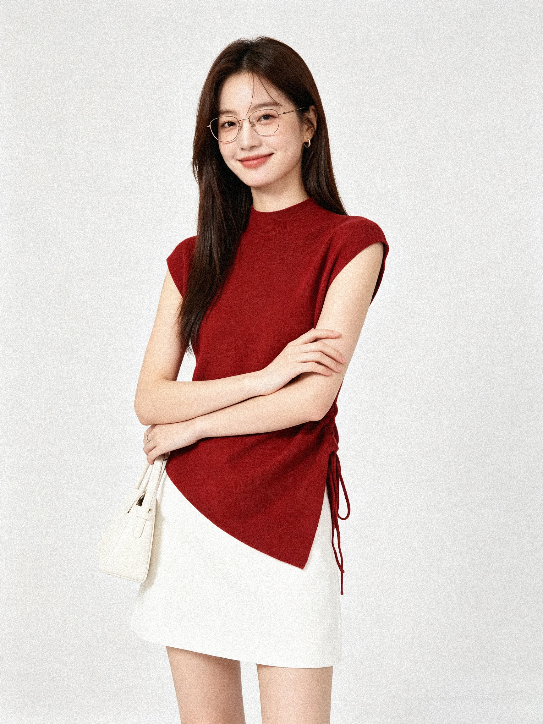 Elegant Sweet-and-Spicy Neckline Drawstring Top Slimming Unusual Sleeveless Korean Style Soft Breathable Short Length
