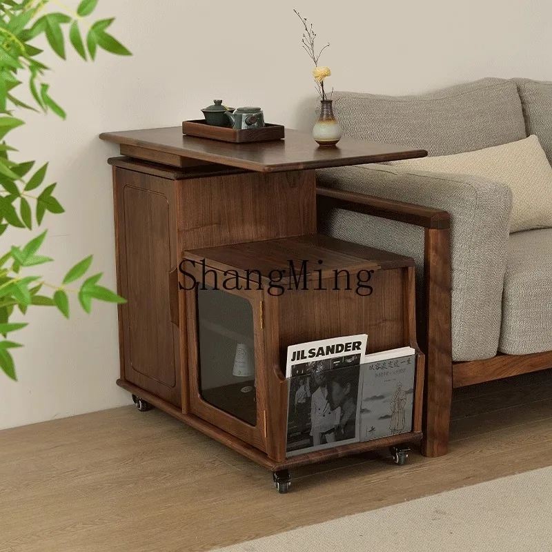 LXY mobile solid wood tea cart home living room black walnut rotating tea cabinet rock slab tea table