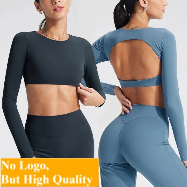 NO LOGO  Sports Tops Gym Women Fitness T Shirt Long Sleeve Open Back Pilates Yoga Padded Crop Top Running Workout Fitness Blouse