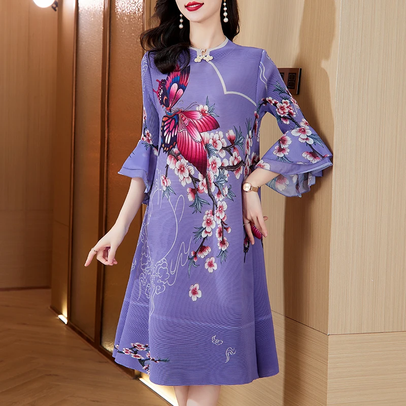 New Chinese Style Miyake Pleated Dress Oversize Loose Summer Flowers Print Flare Sleeve O Neck Button Deco Straight Ladies Dress