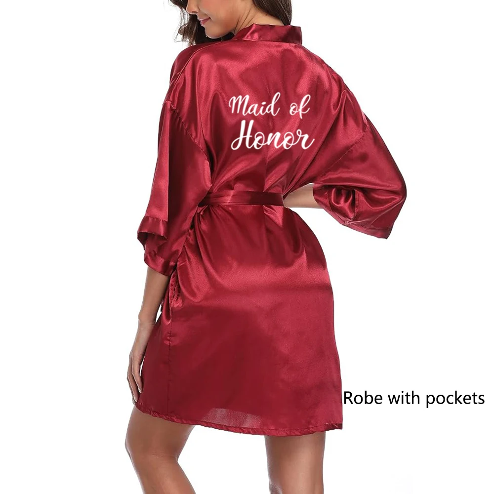 Bata de satén tipo kimono para fiesta de bodas, pijama para damas de honor con letras blancas YE8171