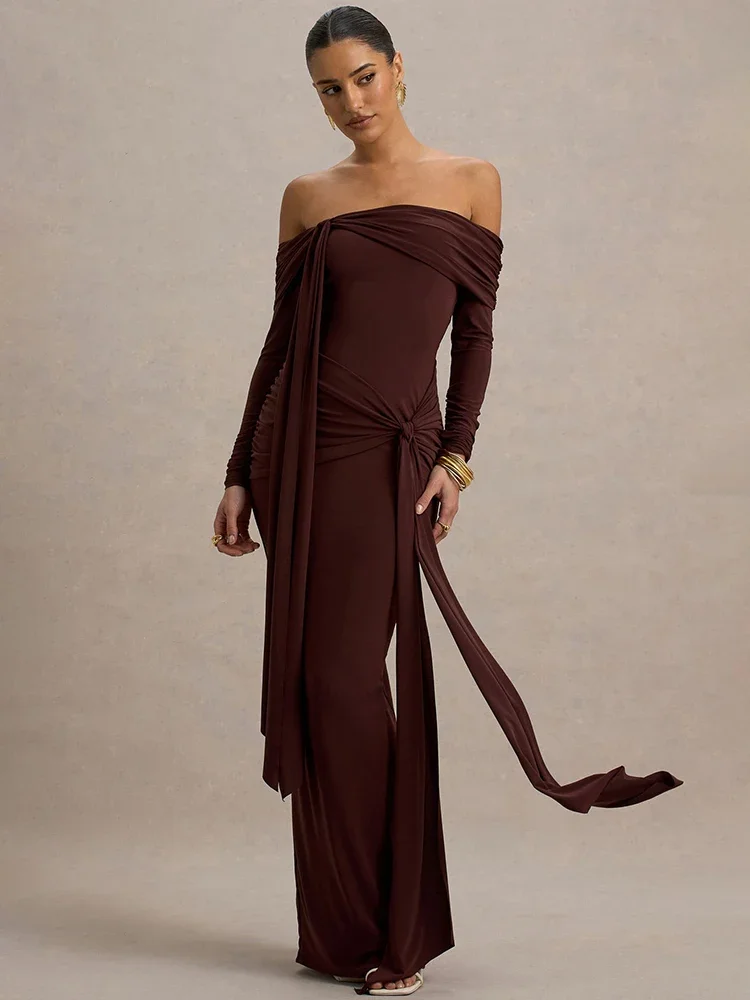 

Off-shoulder Long Sleeve Sexy Maxi Dress Women Gown Autumn Fashion Strapless Backless Draped Ruched Club Long Dresses