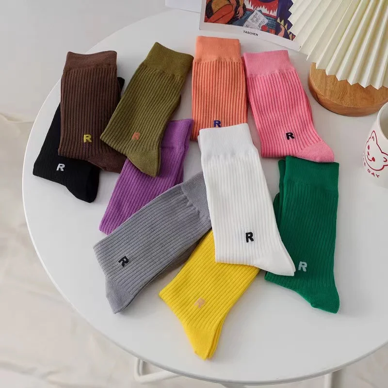 5Pairs Fashion Solid Man/Women Socks with Letter R Cotton Warm Socks For Ladies Japanese designer Socks