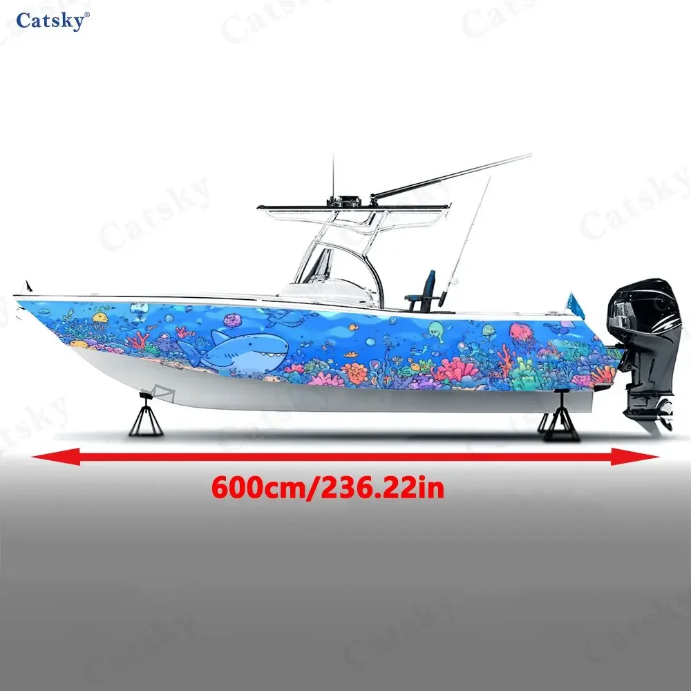 2Pcs Boat Wrap, Cute Cartoon Shark & Coral Pattern Vinyl Decal, PVC Waterproof Durable Vinyl Wrap Decals for Fishing Boats