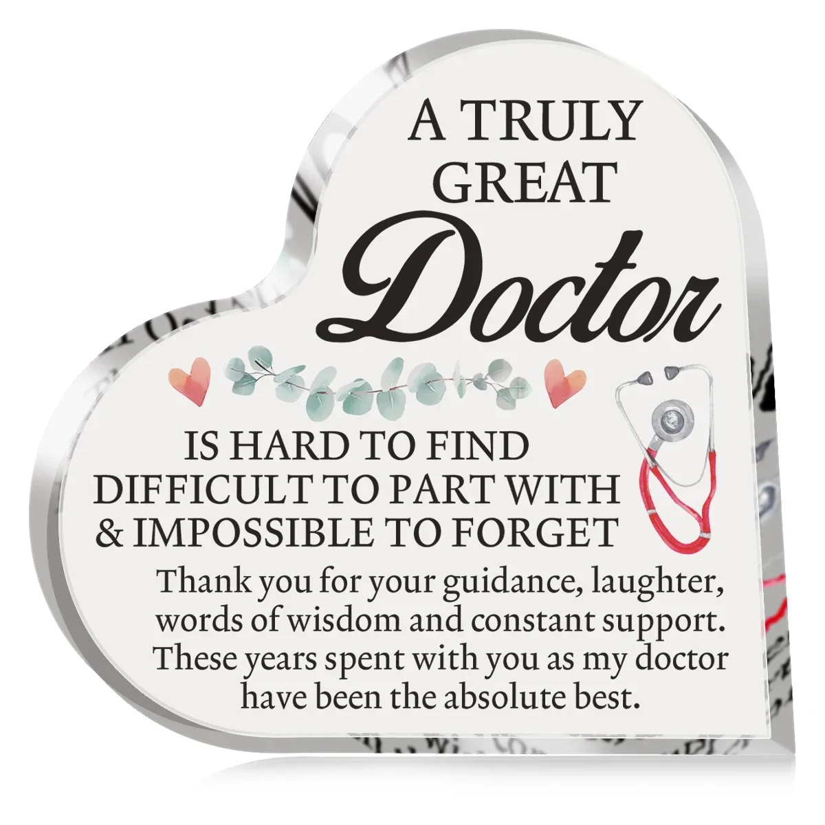 Heart Shaped Acrylic Plaque for Doctor Appreciation Eucalyptus Stethoscope Thank You Desk Decor Gift