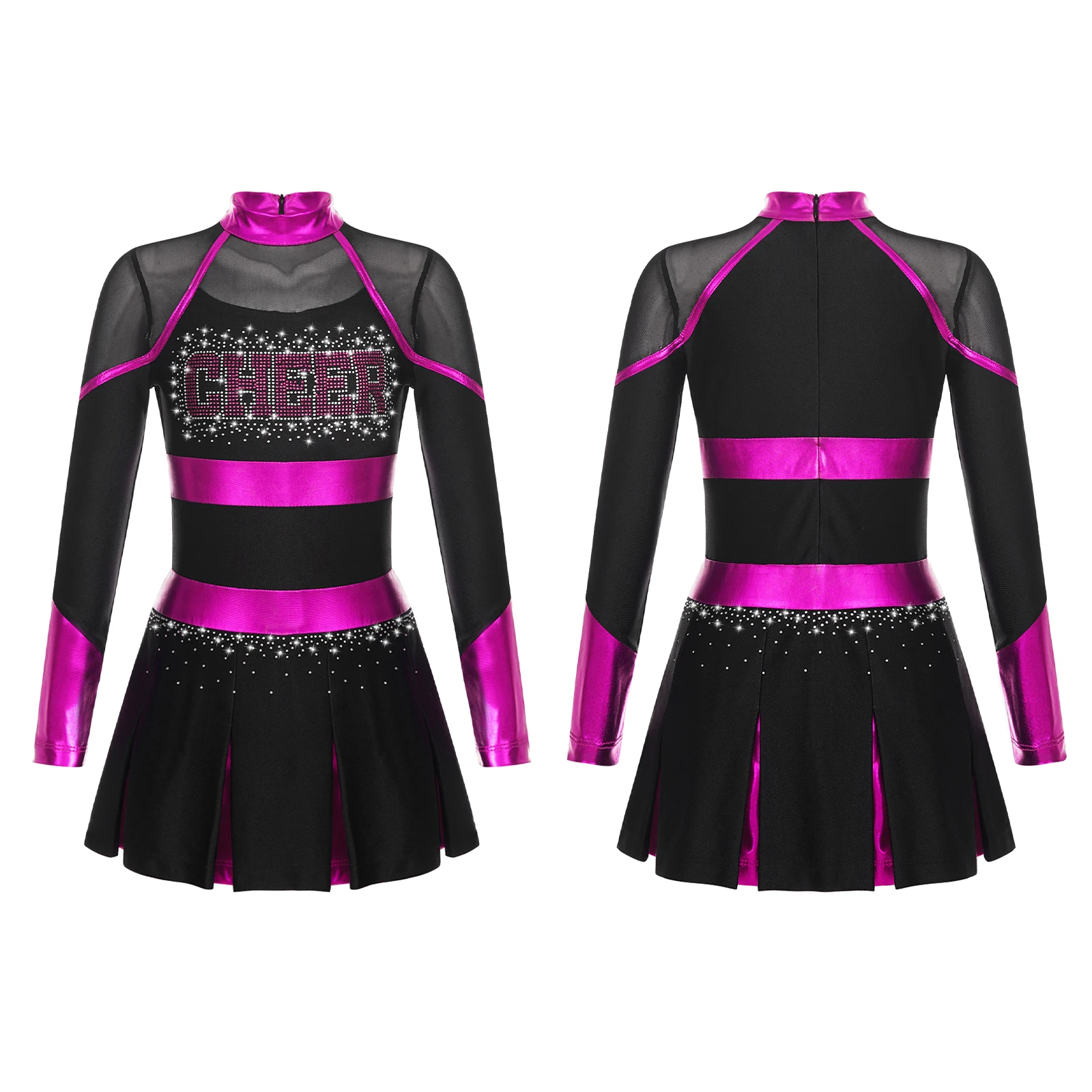 

Kids Girls Cheerleading Dance Costume Uniform Long Sleeve Glittery Rhinestones Letter Pattern Metallic Patchwork Pleated Dress