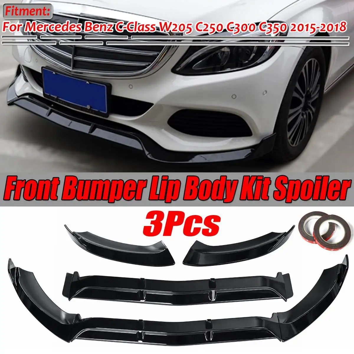 3Piece Car Front Bumper Splitter Lip Diffuser Guard Body Kit Spoiler For Mercedes For Benz C-Class W205 C250 C300 C350 2015-2018