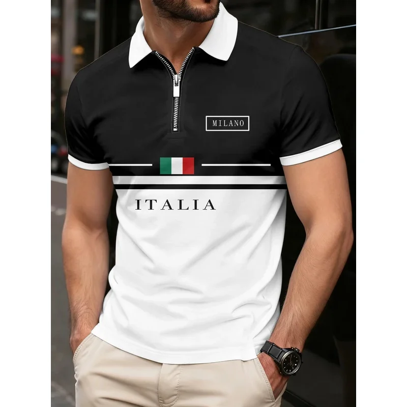 

Men's polo shirt, summer streetwear, printed golf short-sleeved, business casual, zipper polo men's sportswear
