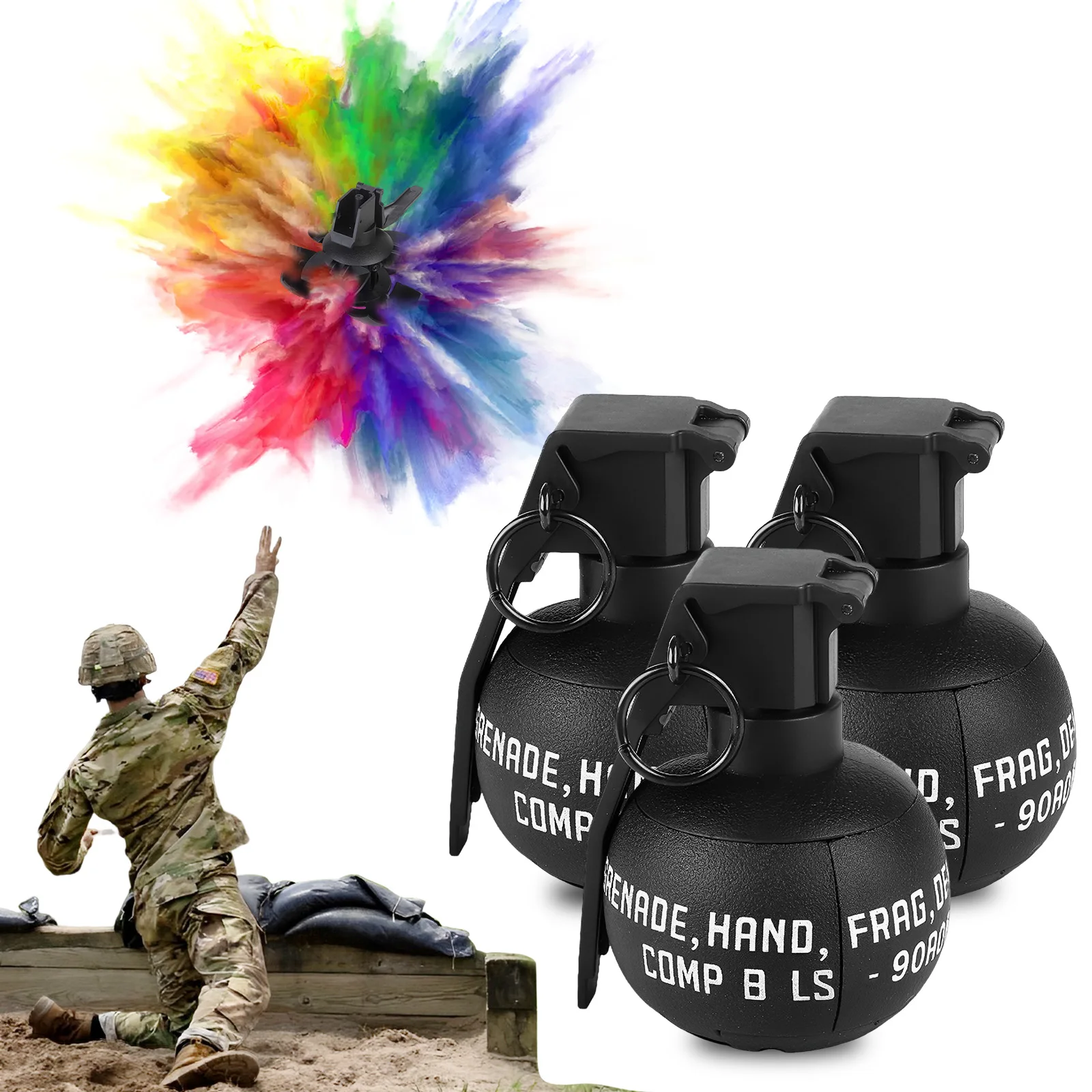 Explosivo Smoke Toy Modelo Adequado para Airsoft Paintball Tiro, Tactical Grenade Prop Simulação, M67 Mão, 3Pcs