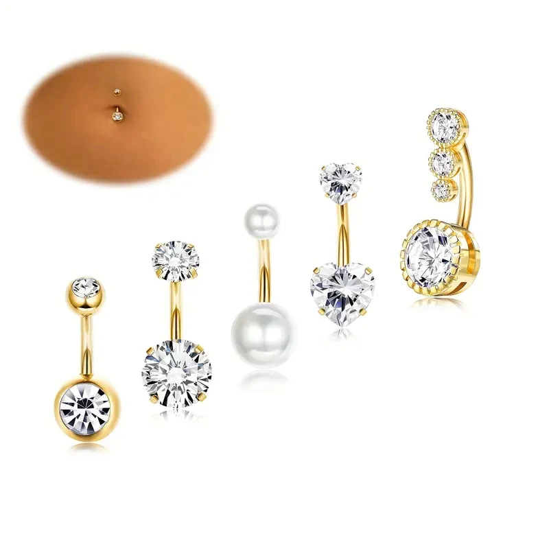 5pcs/Set Elegant 14G Stainless Steel Belly Button Ring for Women Sparkling Cubic Zirconia & Pearl Inlays for Vacation Daily Wear