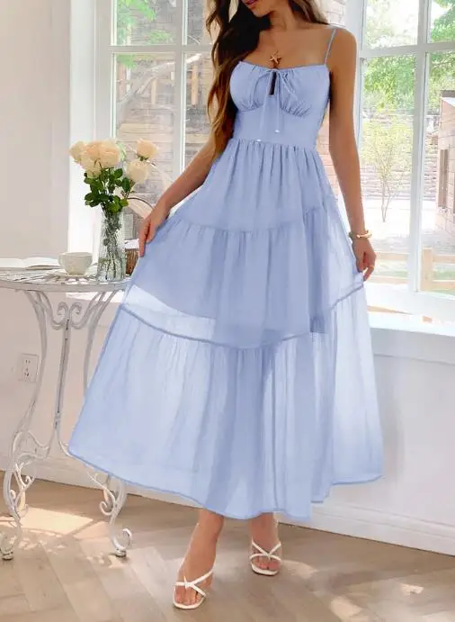

Summer Leisure Vacation Vest Waist Cinched Long Skirt, Women's Collar Tied Waist Cinched A-Line Sleeveless Suspender Dress
