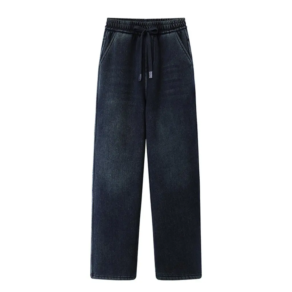 

Корейские женские джинсы на флисовой подкладке 35LL-247 Зимние повседневные прямые трубки с завязками на талии Полуэластичные оптовая продажа