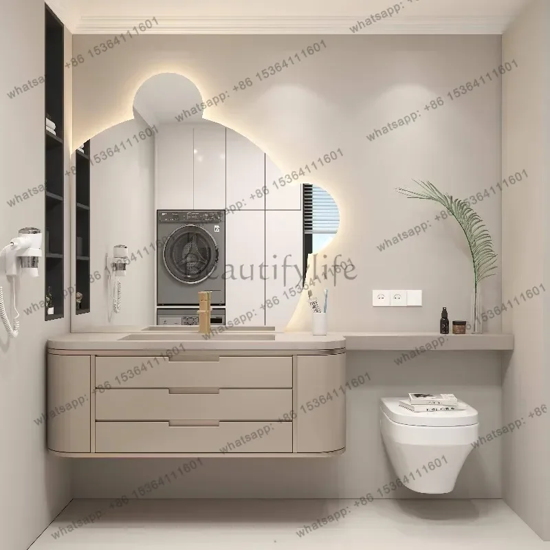 Light luxury French oak bathroom cabinet combination rock slab integrated basin modern cream style