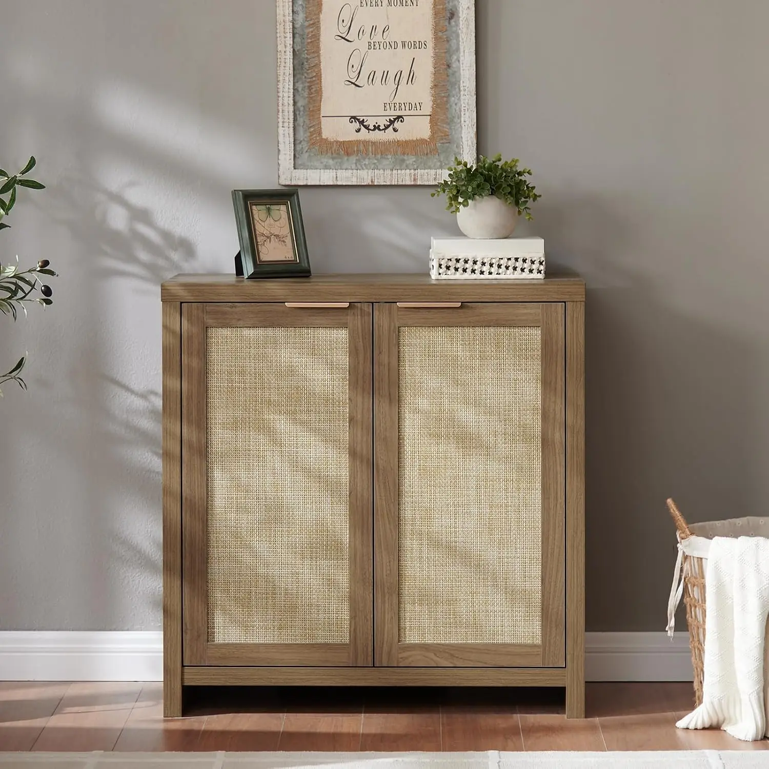 Storage Sideboard Cabinet with Rattan Doors and Adjustable Shelves, Buffet Kitchen Cabinet Cupboard Console for Living Room