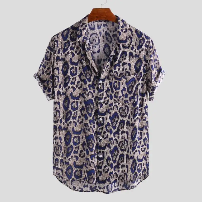 Camisas masculinas de lapela praia de manga curta com estampa leopardo 3D, blusa de peito único, simplicidade moda roupas grandes