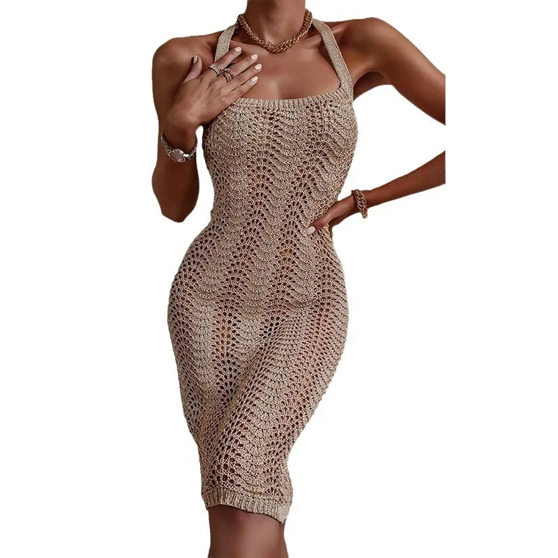 2023 Sommer Neue Produkte Strand Rückenfreies Tank Top Hängenden Hals Gestrickte Urlaub Hemd Hoodie Rock Für Frauen