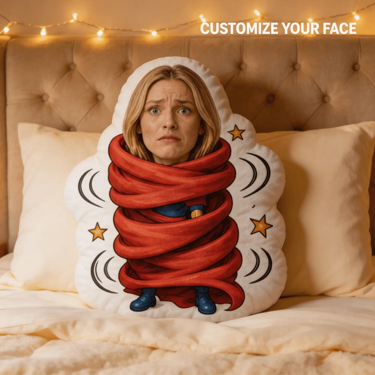 Custom Face Superhero Shaped Pillow, Funny Red Cape Wrapped Personalized Photo Decorative Cushion, Unique Home Decor Accent for