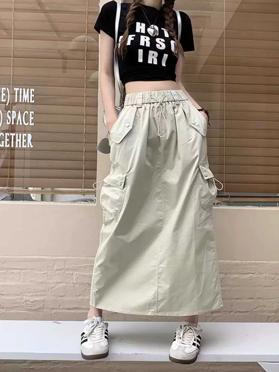 New Cargo Skirts for Women Y2k Long Skirts Elastic Waist Autumn Summer Drawstring Girls Full Length Skirt Black Wholesale