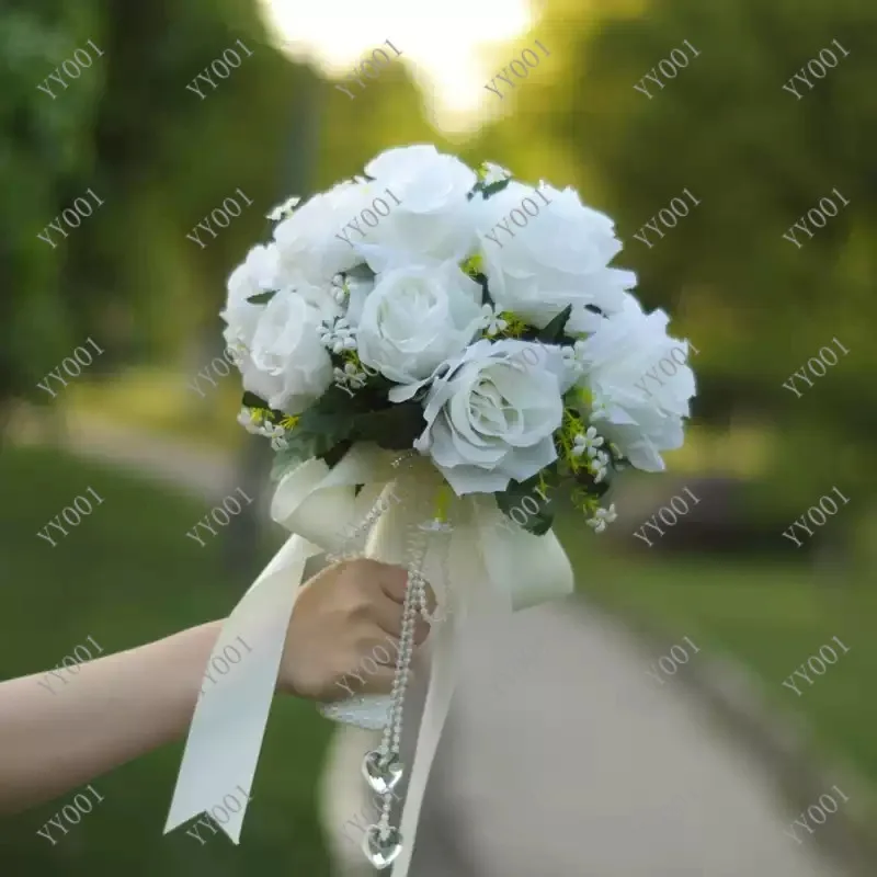 

Classic White Wedding Bridal Bouquet Handmade Rose Bouquet with Crystal Chain Decor