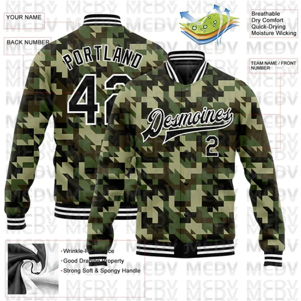 Custom Camo Black-White Geometric Camouflage 3D Bomber Full-Snap Varsity Letterman Salute To Service Jacket