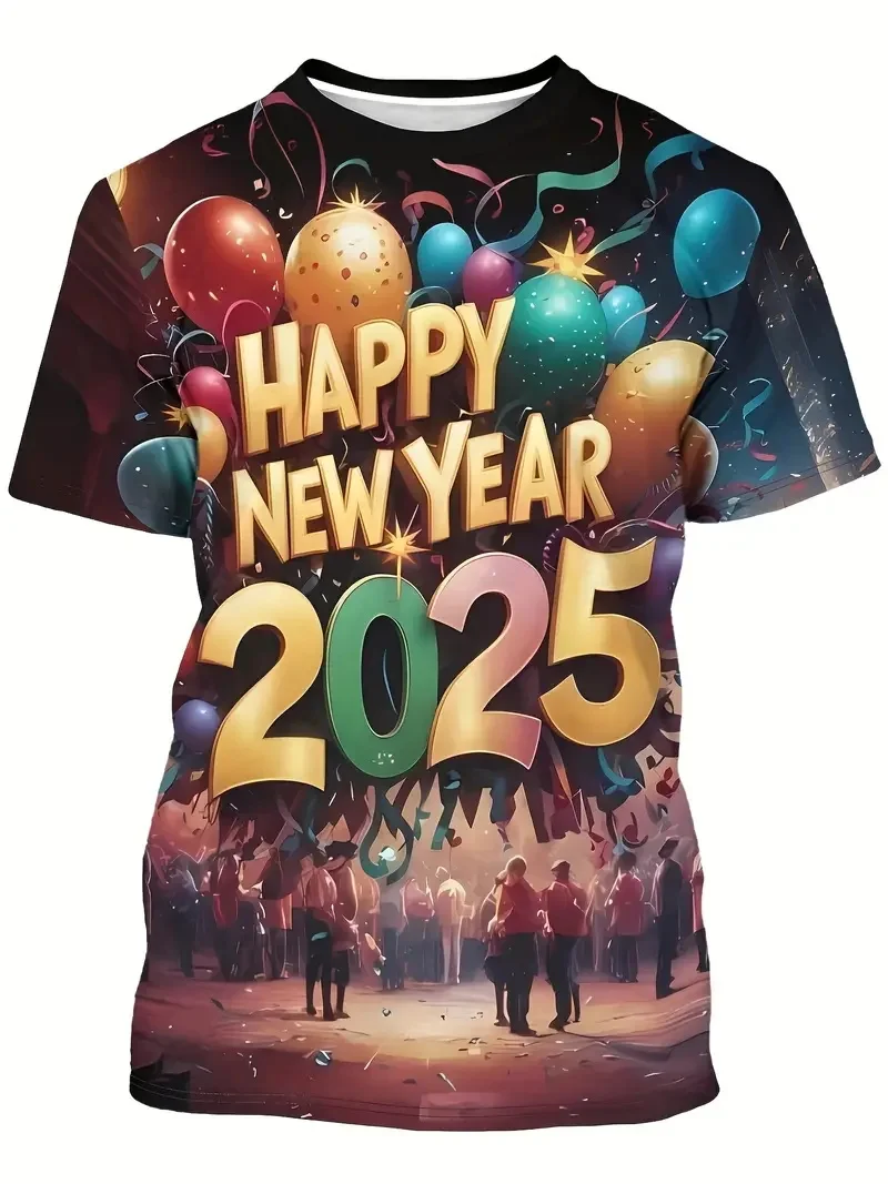 3D Print Men's Happy New Year 2025 Design T-Shirt Casual Round Neck Short Sleeve Tshirts Clothes Mens Snake Year T Shirt Tops