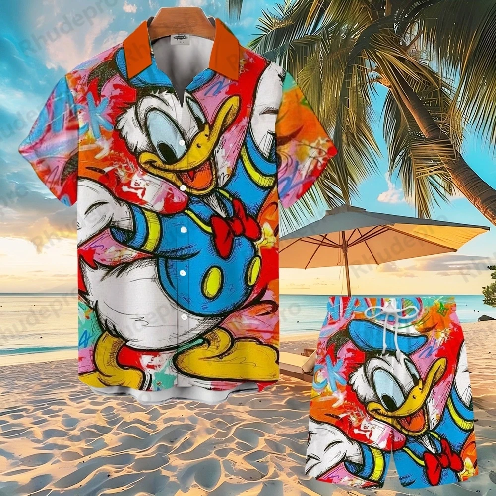Disney Summer Mickey Mouse Button Shirt Set Cartoon Beach Shorts Hawaiian Men Women Shirt Short Sleeve Shorts Shirt Suit