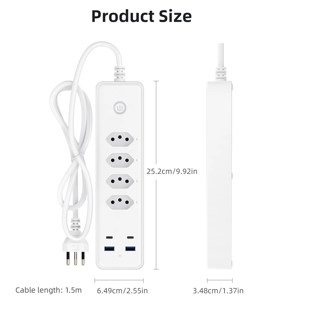 AVATTO Tuya WiFi Brazil Standard Plug Power Strip With 4 Outlets 2 USB 2 Type-C，Smart Power Strip Works With Alexa Google Home