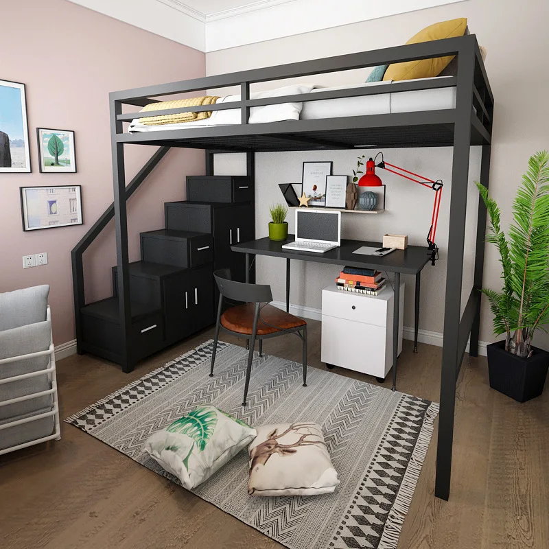 Wrought iron multi-functional elevated bed space loft bed frame small apartment bedroom on the bed and under the table