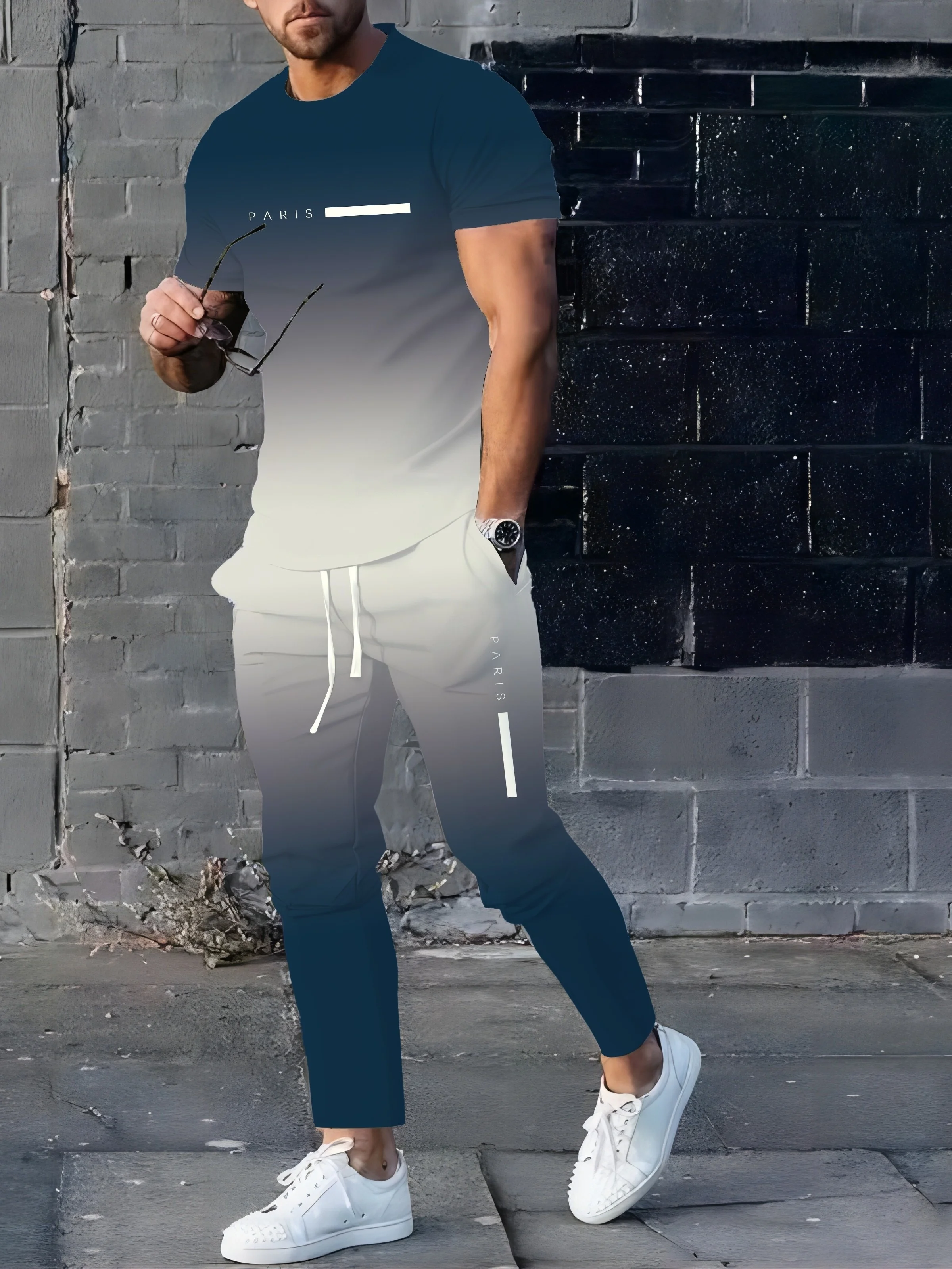 بدلة رجالية صيفية جديدة لعام 2025 هي ملابس رجالية كاجوال وعصرية متدرجة للاستخدام الخارجي مع مطبوعات حروف