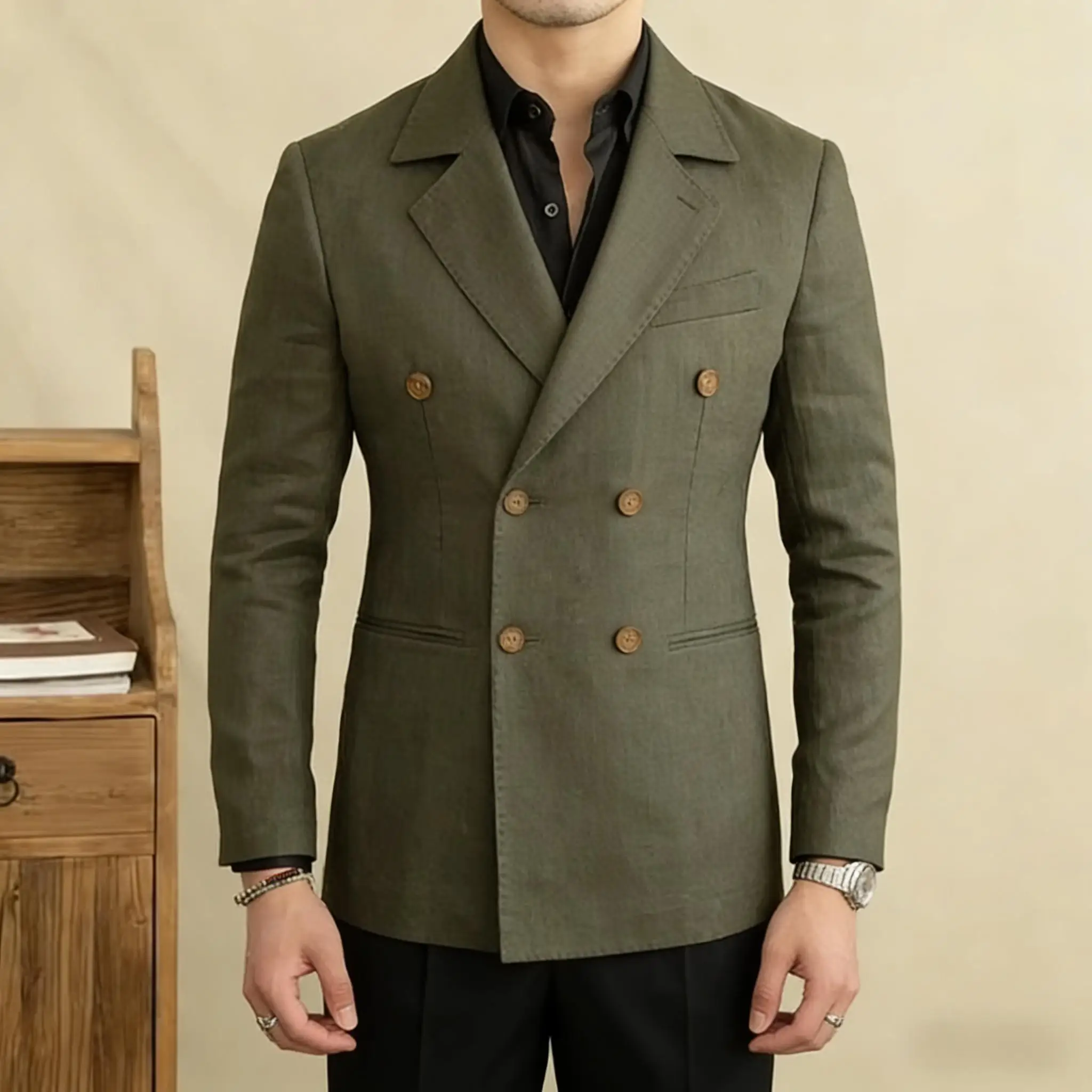 Vintage Men's Linen Blazer Double Breasted Peak Lapel Slim Fit Jacket Breathable Soft Wrinkle Free Business Casual Men Suit Coat