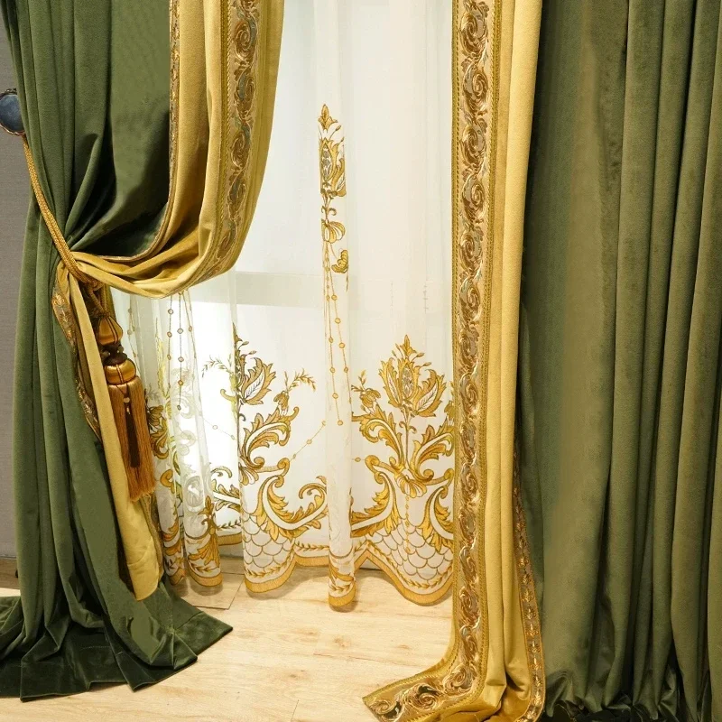 Olive Green Velvet Embroidered Luxury Custom European Curtains for Living Room Bedroom American Style Premium Fabric Drapes