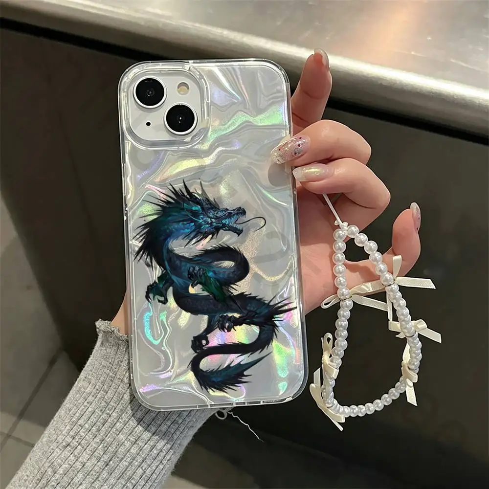 

Dragon Phone Case For iPhone 17 16 15 13 14 Pro Max 11 12 Plus Luxury Laser Silver Gradient Silicone Cover