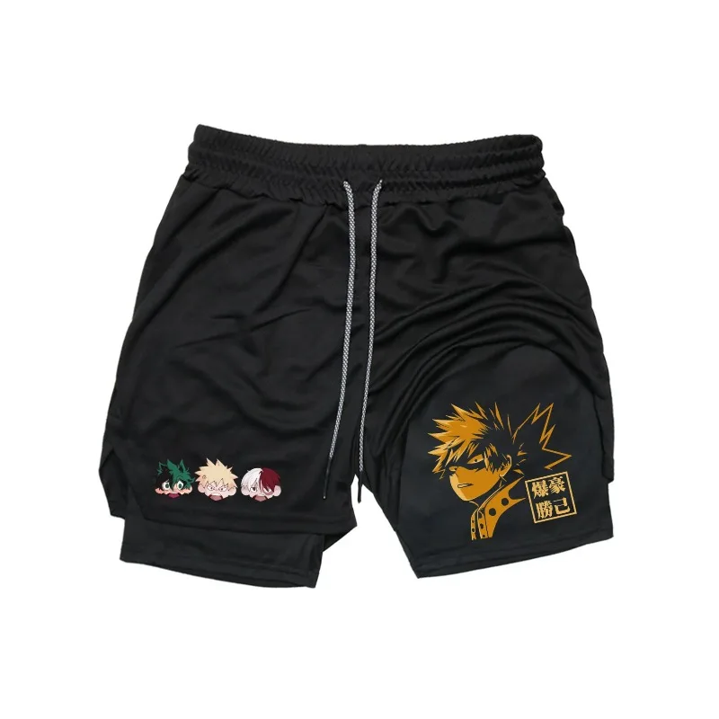 Men's Double-deck Shorts Gothic Katsuki Bakugo Print Shorts Summer Quick Drying Sports Fitness 2In1 Joggers Beach Running Short