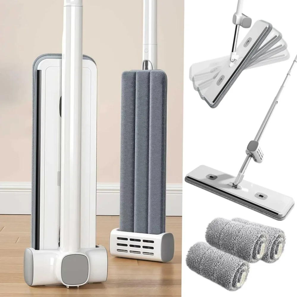 

Hands Free Flat Mop with 4 Washable Pads 61in Steel Handle Wet Dry for Hardwood Laminate Tile