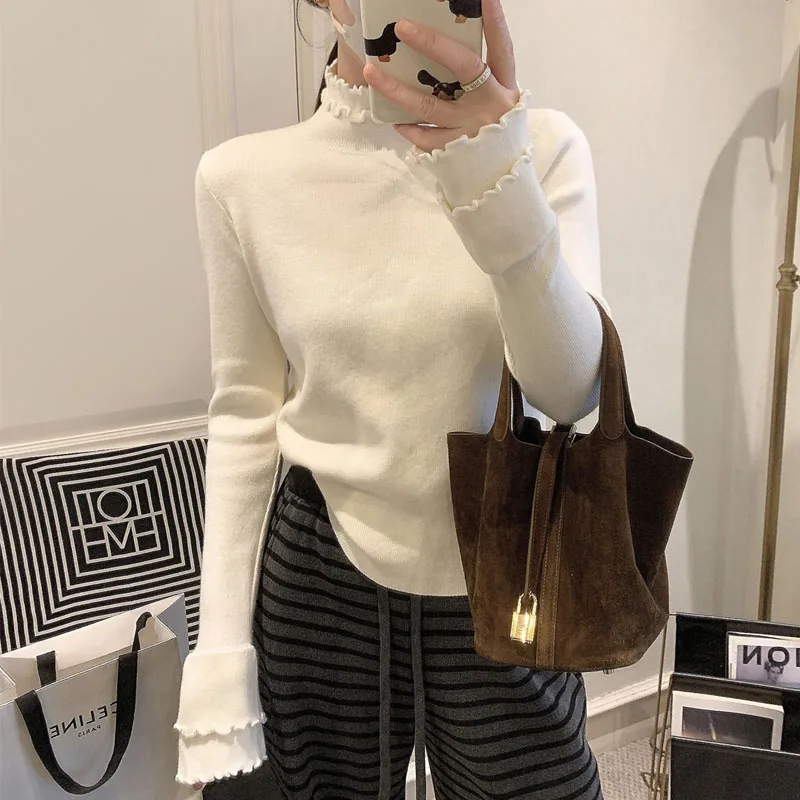 

Sueters De Mujer New Long Sleeve Black Knitted Sweater Women Pullovers Ruffles Turtleneck Knit Sweater Pullover Women Tops Q2187