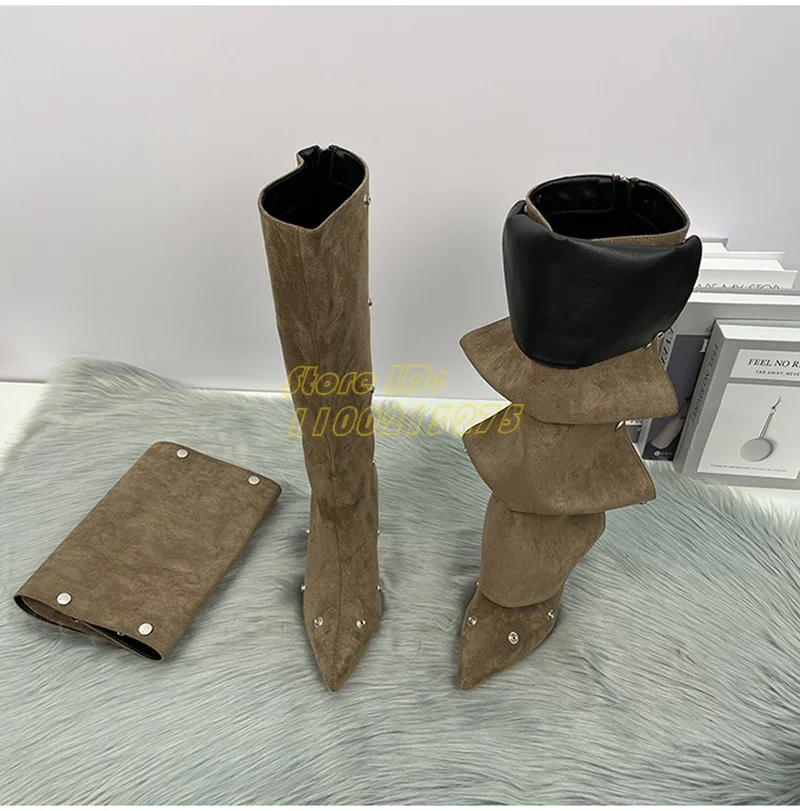 

Versatile Buckle Rivet Denim Boots Thin High Heel Sexy Pointy Toe Brown Black Fashion 2026 Winter Autumn Real Picture Dress Shoe