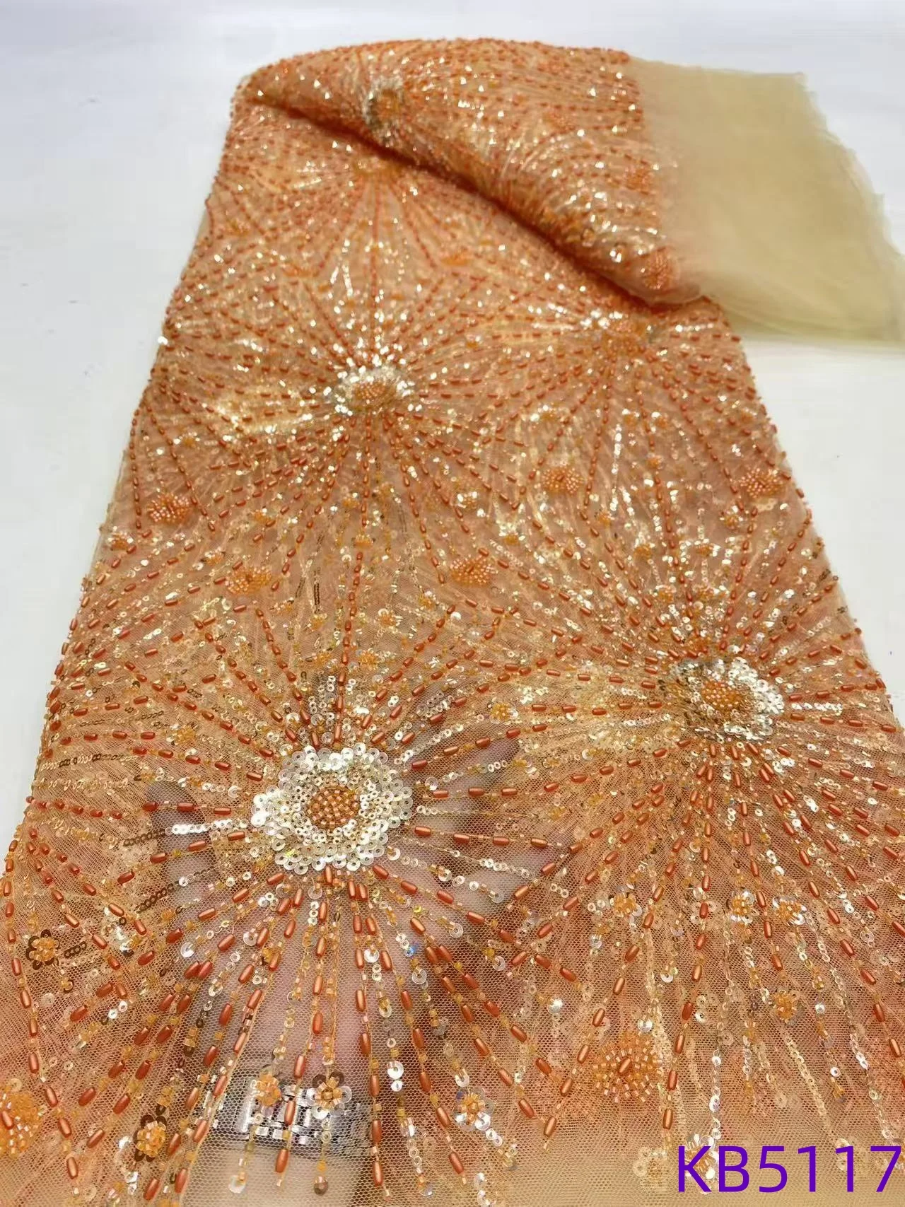 

Burnt Orange Beaded Tulle Lace Fabrics African Nigerian Sequins French Mesh Fabrics White Embroidered Lace For Sewing KB5117